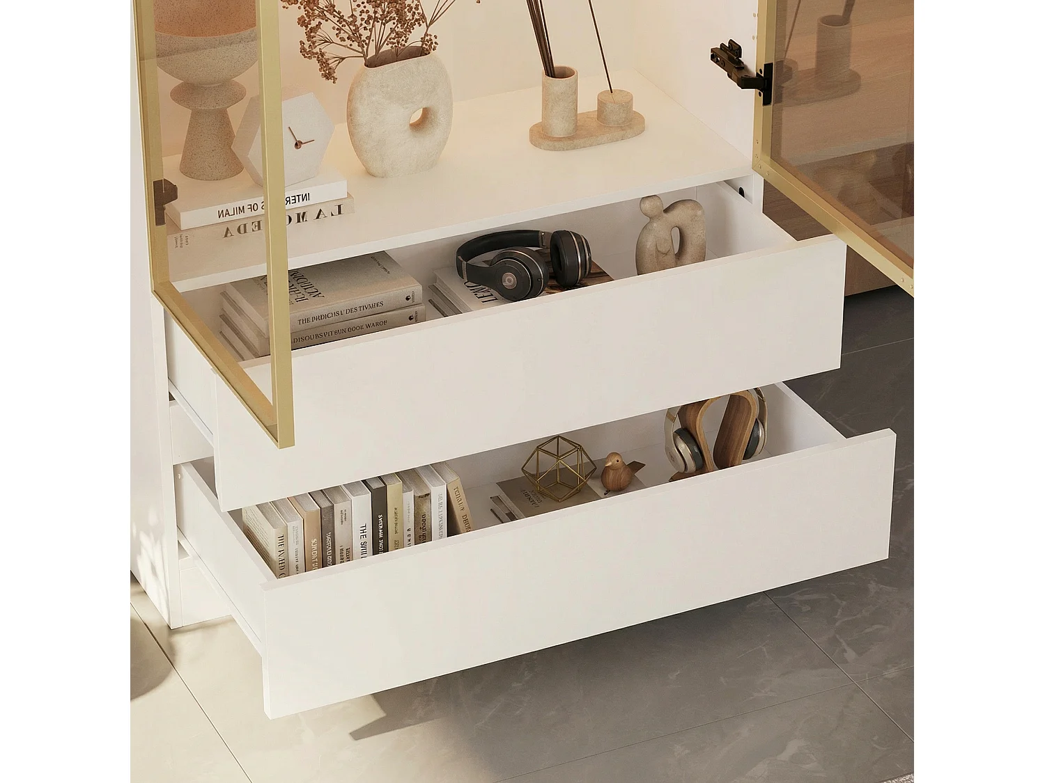 Vitrine Armoire avec LED 3 couleurs, 2 portes en verre trempé et 2 tiroirs, 80x36x200, Blanc et Doré