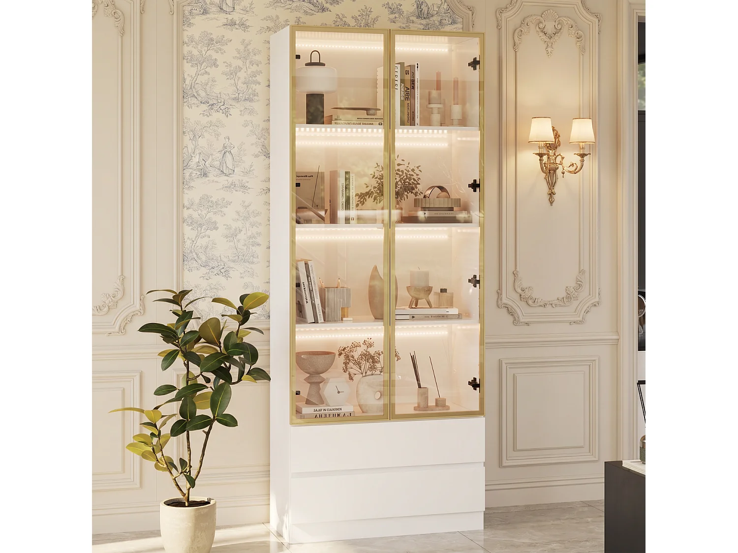 Vitrine Armoire avec LED 3 couleurs, 2 portes en verre trempé et 2 tiroirs, 80x36x200, Blanc et Doré
