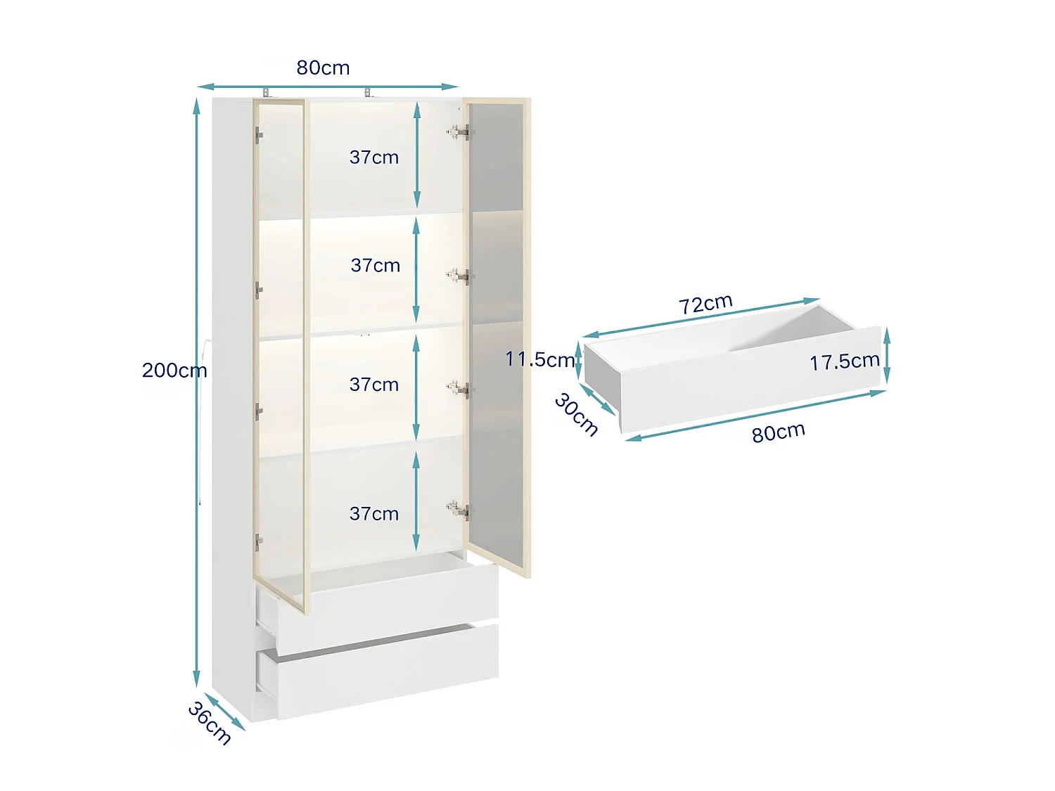 Vitrine Armoire avec LED 3 couleurs, 2 portes en verre trempé et 2 tiroirs, 80x36x200, Blanc et Doré
