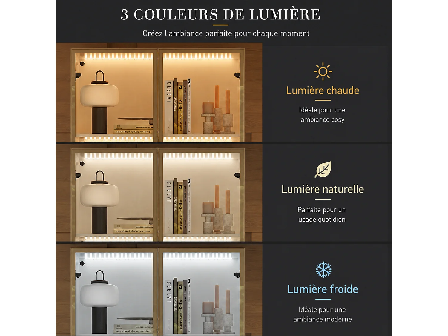 Vitrine Armoire avec LED 3 couleurs, 2 portes en verre trempé et 2 tiroirs, 80x36x200, Blanc et Doré