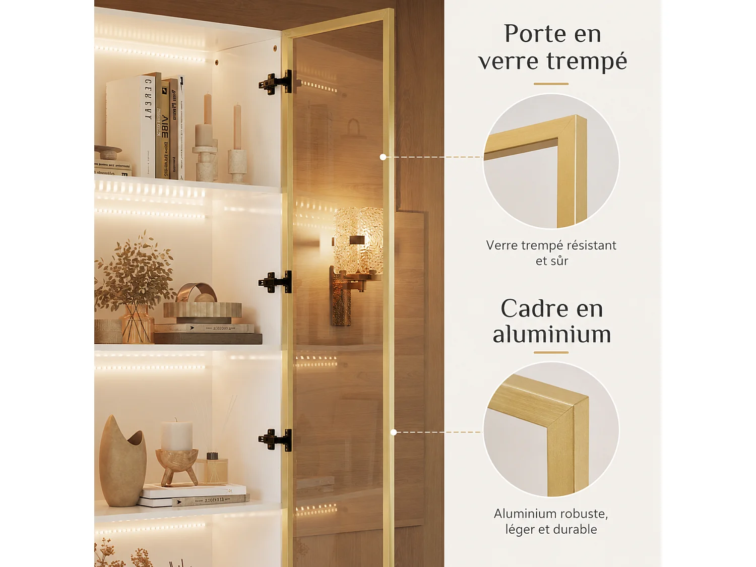 Vitrine Armoire avec LED 3 couleurs, 2 portes en verre trempé et 2 tiroirs, 80x36x200, Blanc et Doré