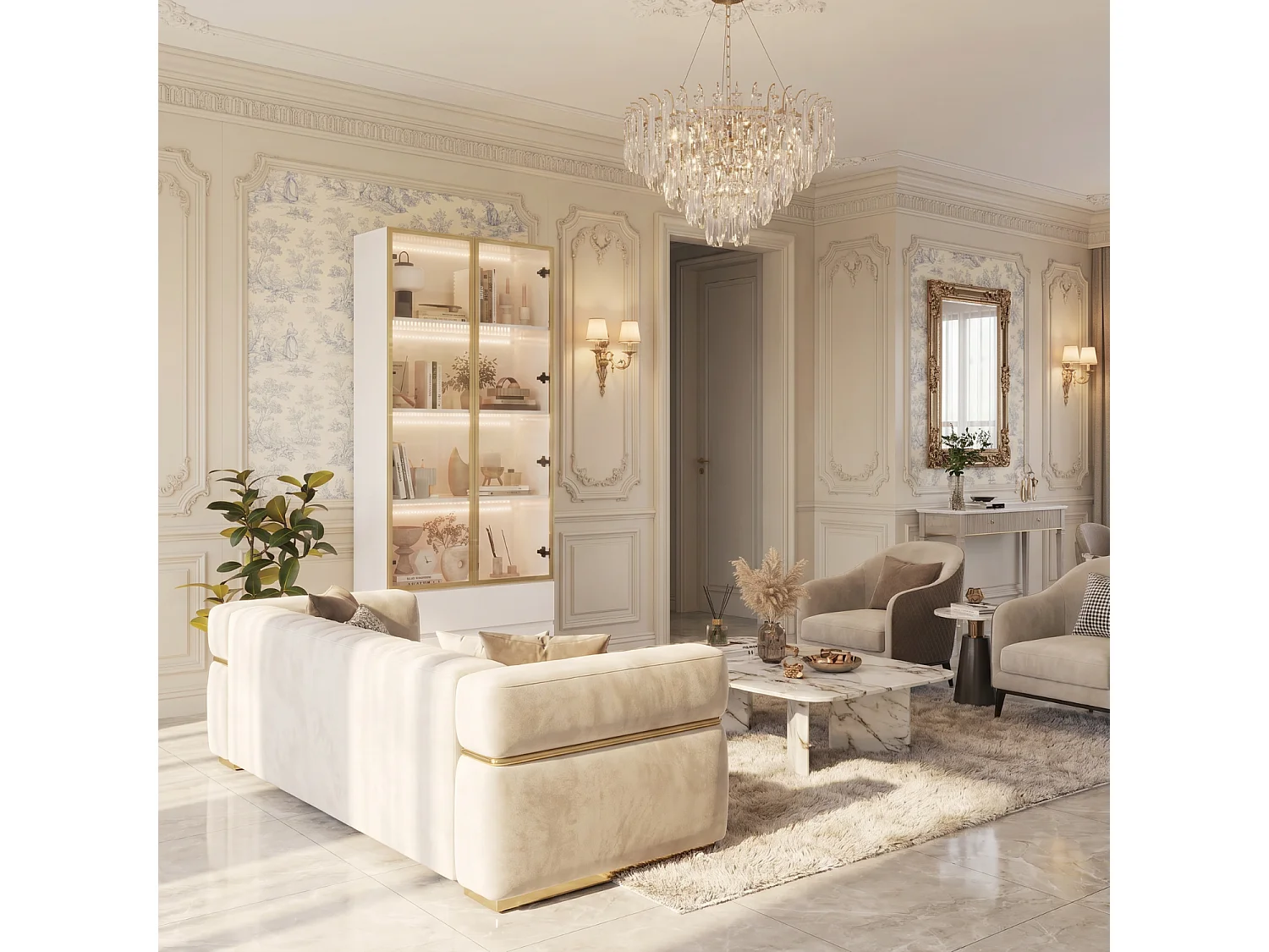 Vitrine Armoire avec LED 3 couleurs, 2 portes en verre trempé et 2 tiroirs, 80x36x200, Blanc et Doré