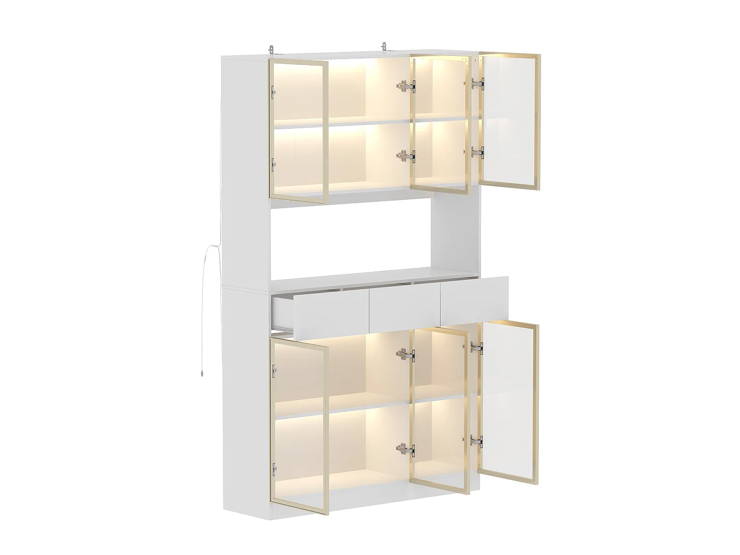 Grande Vitrine Armoire avec LED 3 couleurs, 6 portes en verre trempé, 3 tiroirs et 1 compartiment, Salon, 120x36x200, blanc et doré