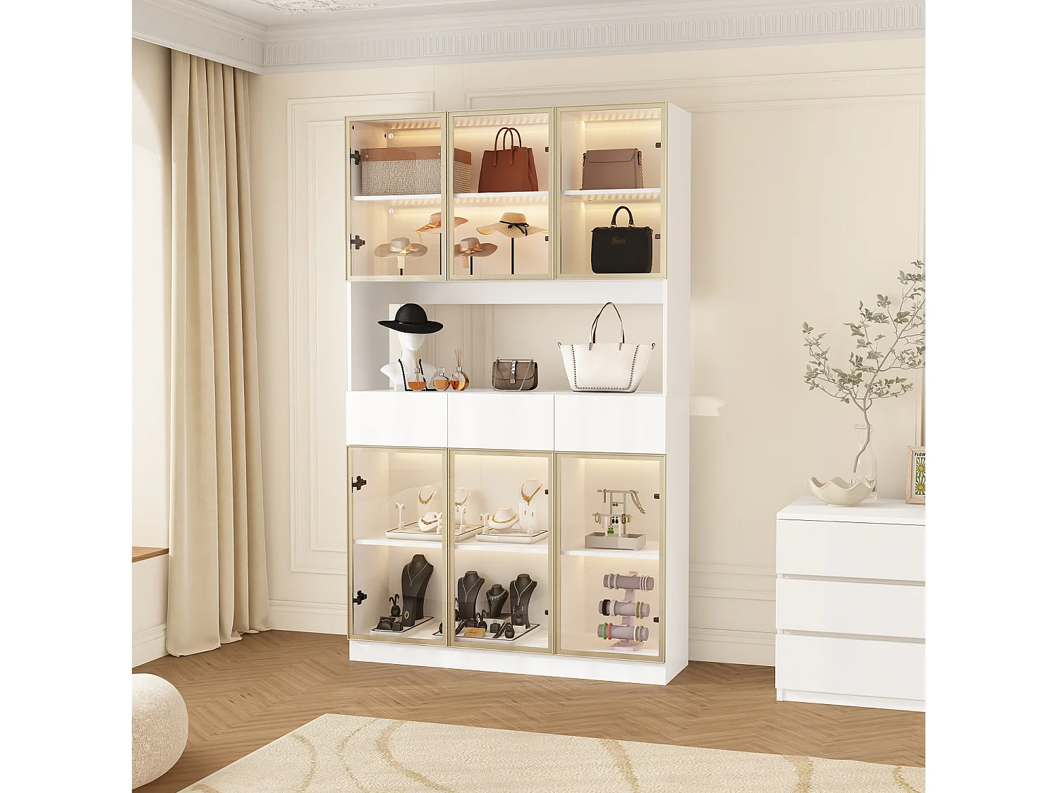 Grande Vitrine Armoire avec LED 3 couleurs, 6 portes en verre trempé, 3 tiroirs et 1 compartiment, Salon, 120x36x200, blanc et doré
