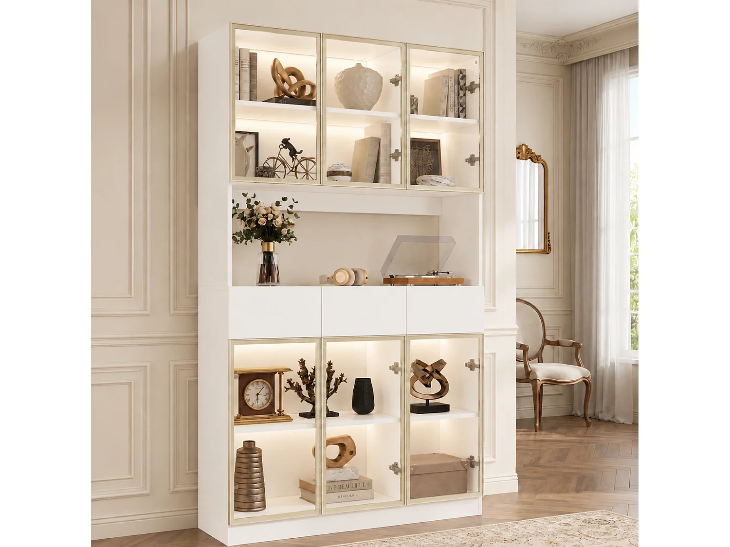 Grande Vitrine Armoire avec LED 3 couleurs, 6 portes en verre trempé, 3 tiroirs et 1 compartiment, Salon, 120x36x200, blanc et doré