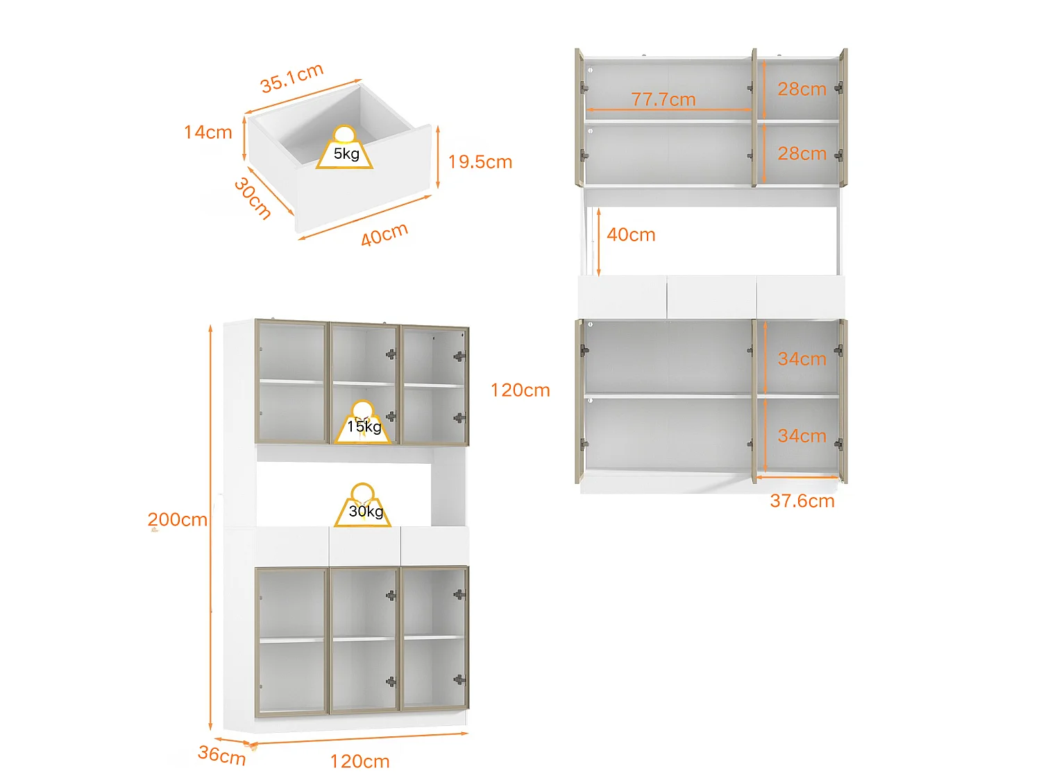 Grande Vitrine Armoire avec LED 3 couleurs, 6 portes en verre trempé, 3 tiroirs et 1 compartiment, Salon, 120x36x200, blanc et doré