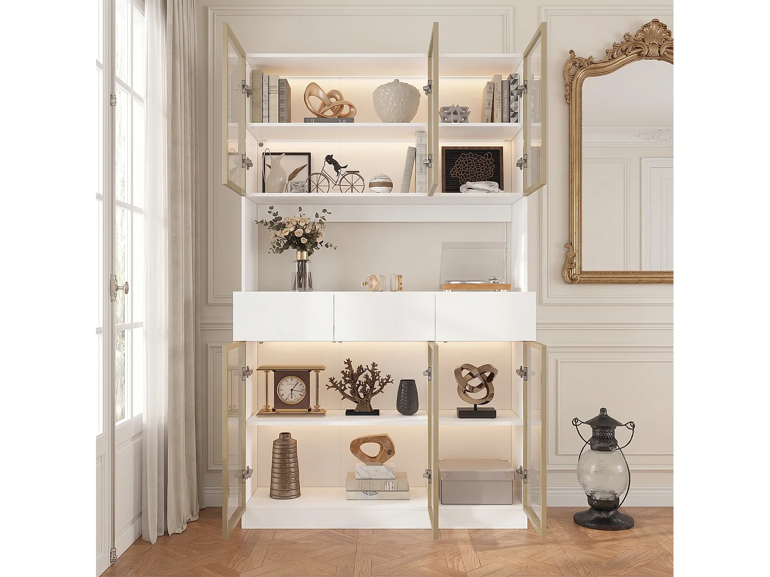 Grande Vitrine Armoire avec LED 3 couleurs, 6 portes en verre trempé, 3 tiroirs et 1 compartiment, Salon, 120x36x200, blanc et doré