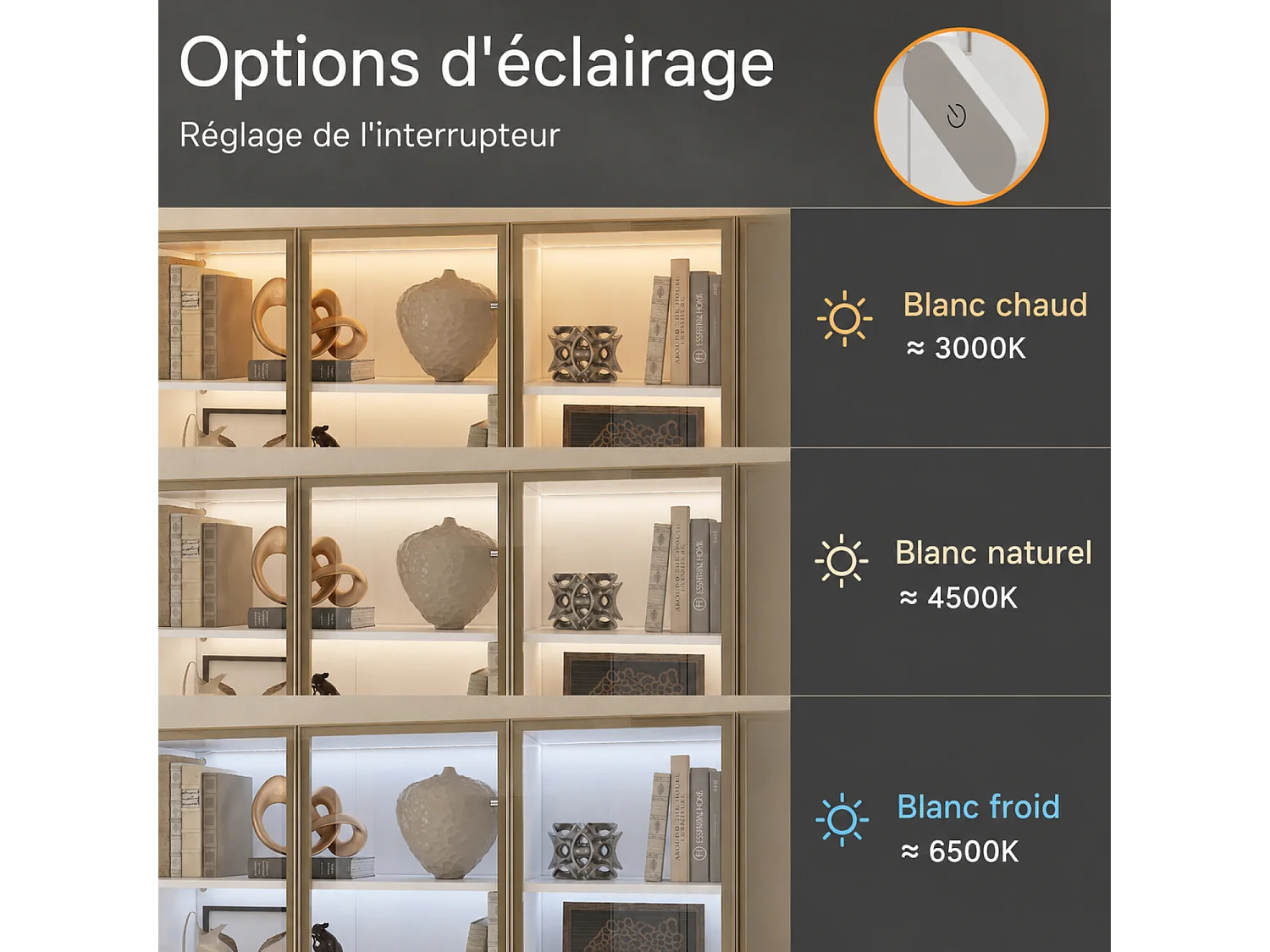 Grande Vitrine Armoire avec LED 3 couleurs, 6 portes en verre trempé, 3 tiroirs et 1 compartiment, Salon, 120x36x200, blanc et doré