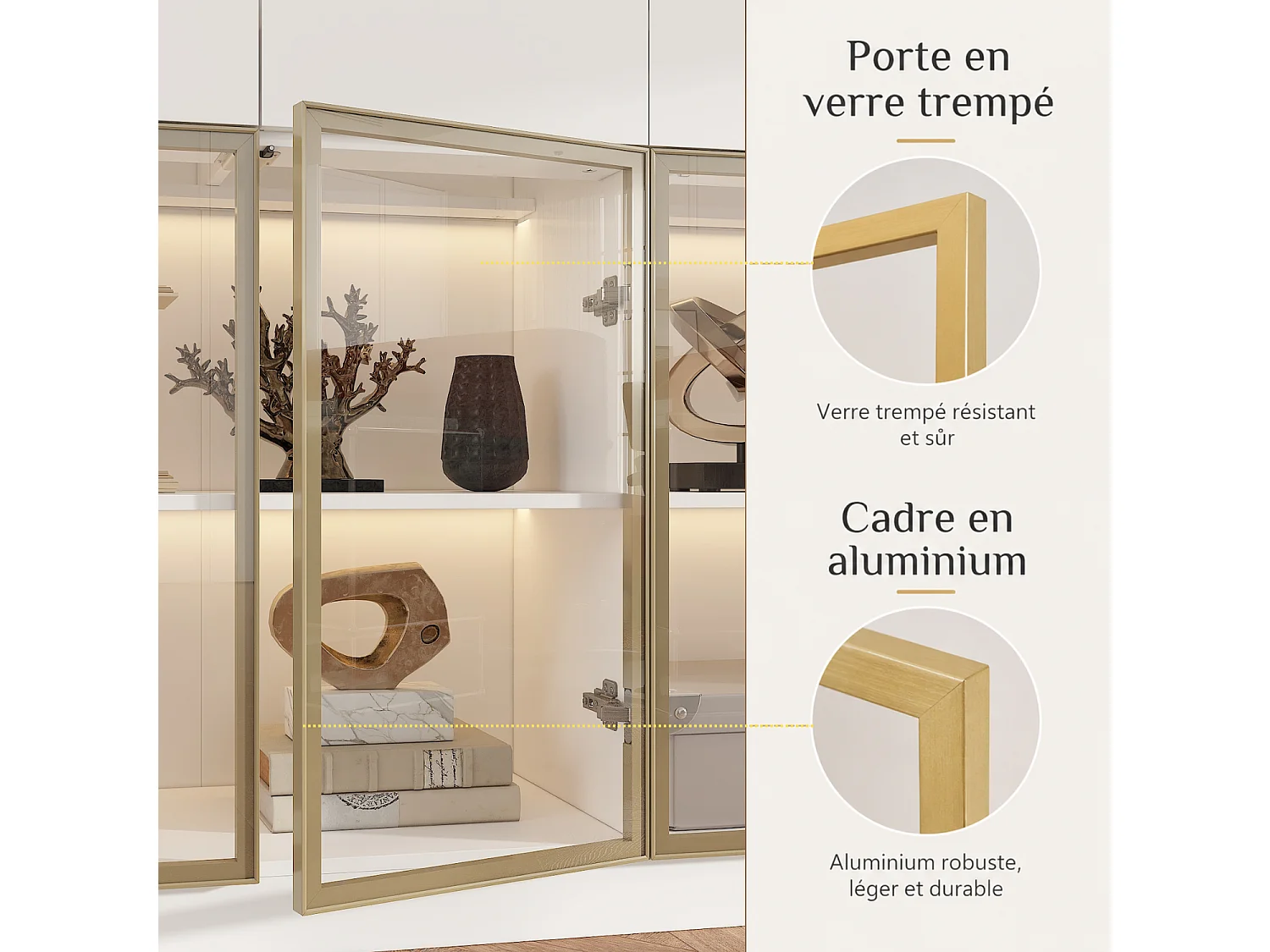 Grande Vitrine Armoire avec LED 3 couleurs, 6 portes en verre trempé, 3 tiroirs et 1 compartiment, Salon, 120x36x200, blanc et doré