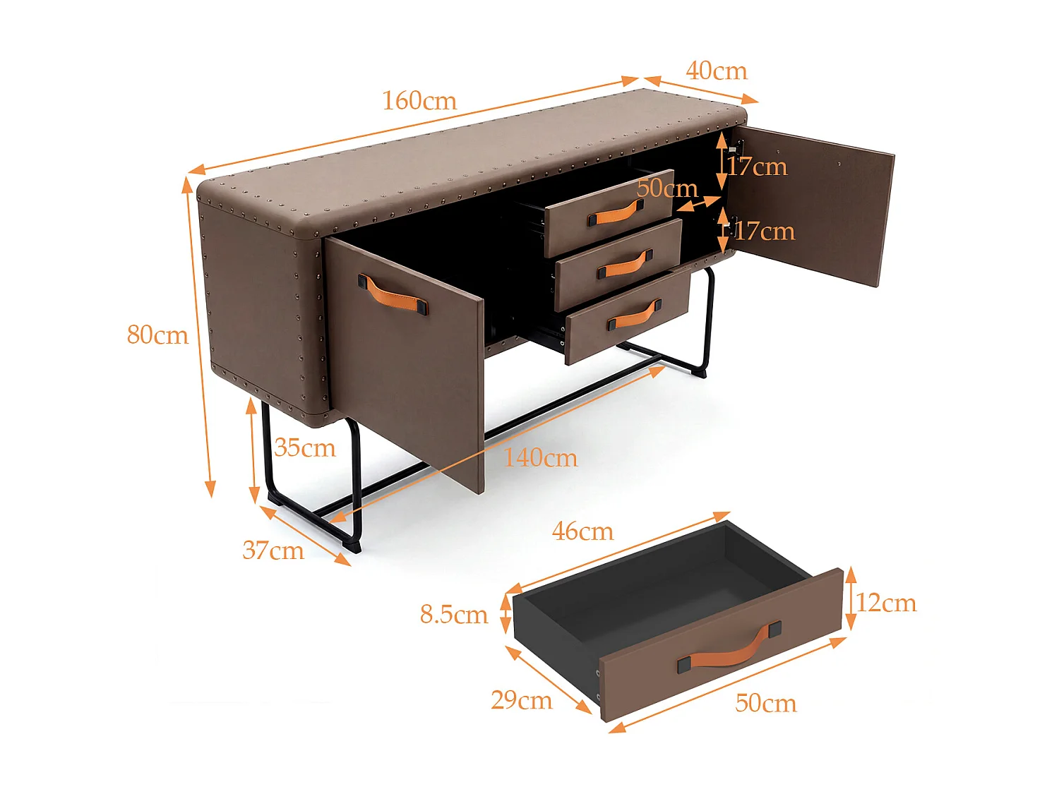 Commode de Chambre avec 3 Tiroirs et 2 Porte, Meuble de Rangement en Cuir avec Pieds en Métal, 160x39x80.5, Marron