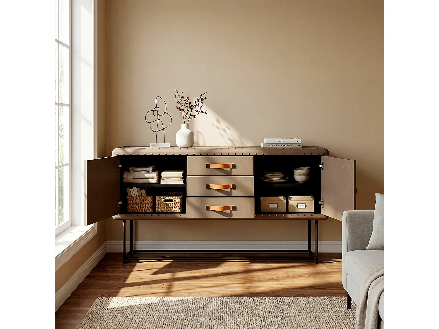 Commode de Chambre avec 3 Tiroirs et 2 Porte, Meuble de Rangement en Cuir avec Pieds en Métal, 160x39x80.5, Marron