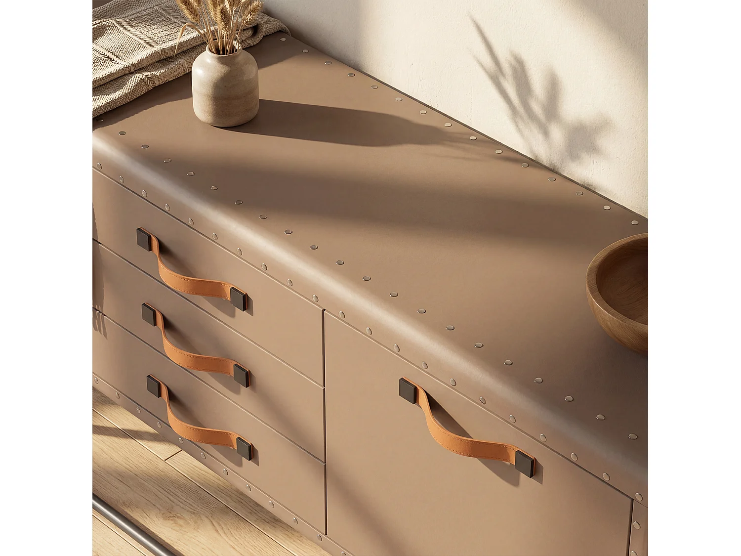 Commode de Chambre avec 3 Tiroirs et 2 Porte, Meuble de Rangement en Cuir avec Pieds en Métal, 160x39x80.5, Marron