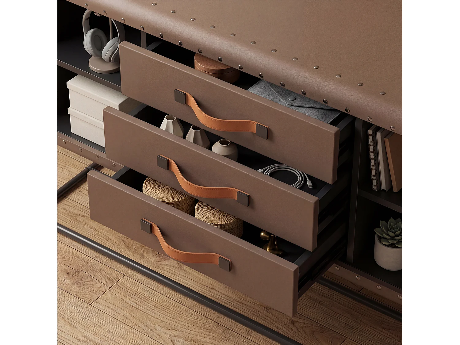 Commode de Chambre avec 3 Tiroirs et 2 Porte, Meuble de Rangement en Cuir avec Pieds en Métal, 160x39x80.5, Marron