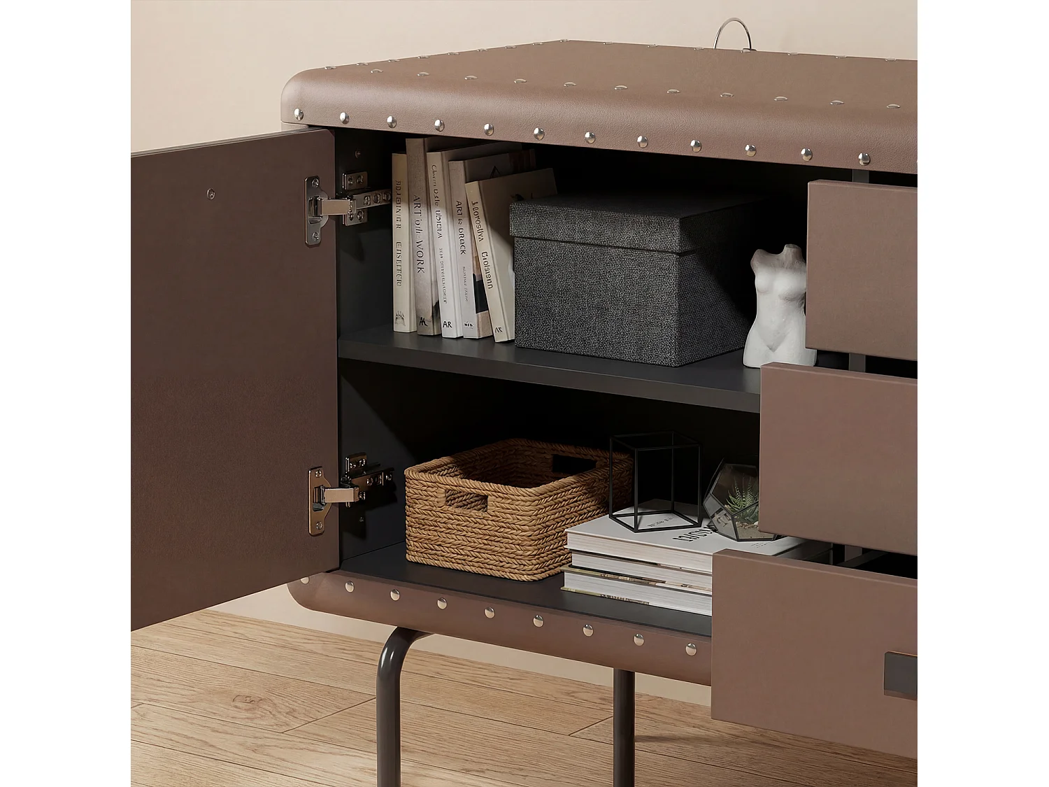 Commode de Chambre avec 3 Tiroirs et 2 Porte, Meuble de Rangement en Cuir avec Pieds en Métal, 160x39x80.5, Marron