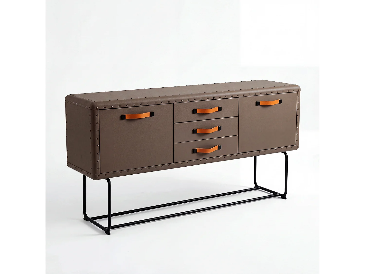 Commode de Chambre avec 3 Tiroirs et 2 Porte, Meuble de Rangement en Cuir avec Pieds en Métal, 160x39x80.5, Marron