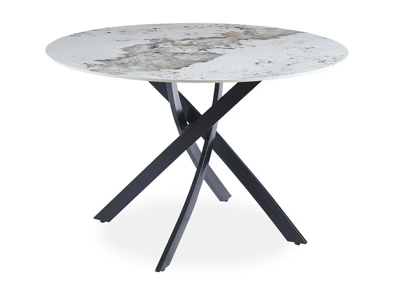 Table ronde Bangui 120cm Céramique effet marbre Blanc et pieds croisés Métal Noir