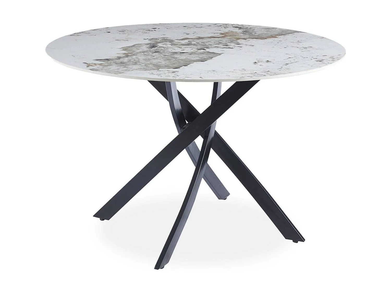 Table ronde Bangui 120cm Céramique effet marbre Blanc et pieds croisés Métal Noir