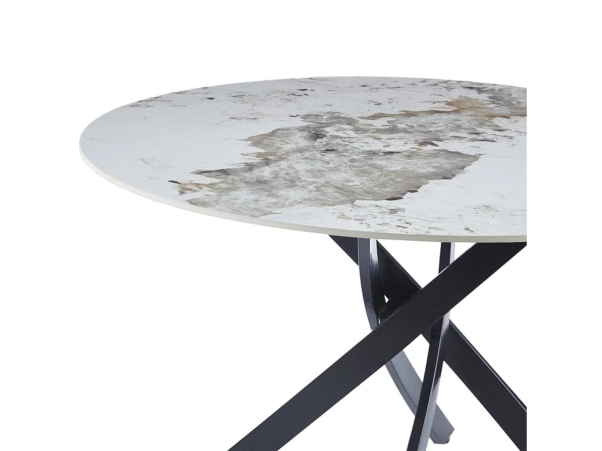 Table ronde Bangui 120cm Céramique effet marbre Blanc et pieds croisés Métal Noir