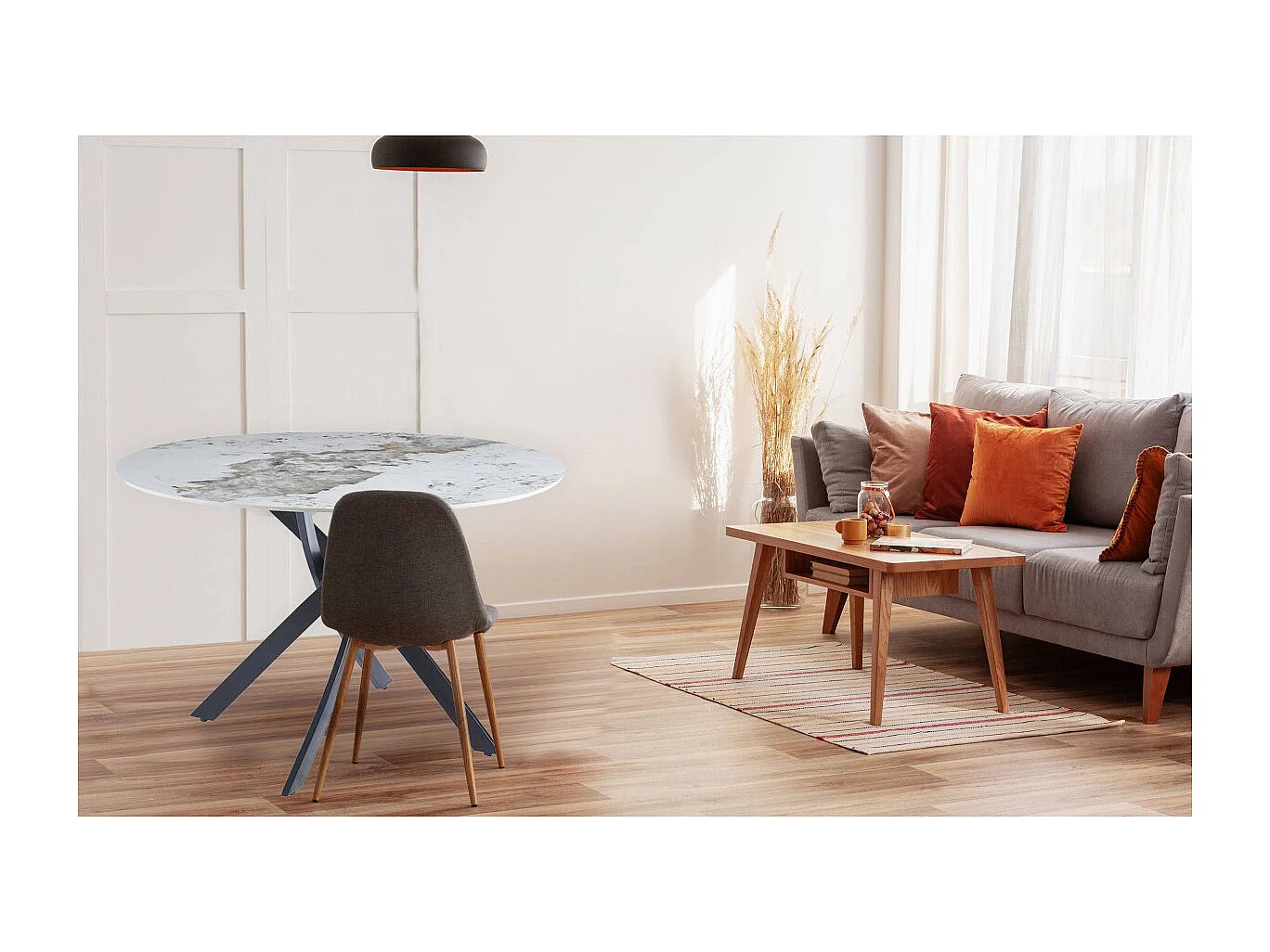 Table ronde Bangui 120cm Céramique effet marbre Blanc et pieds croisés Métal Noir