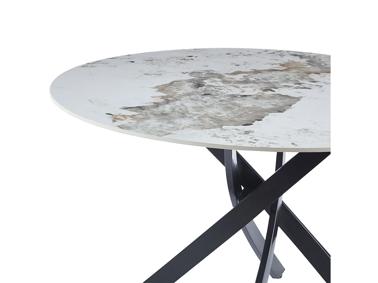 Table ronde Bangui 120cm Céramique effet marbre Blanc et pieds croisés Métal Noir