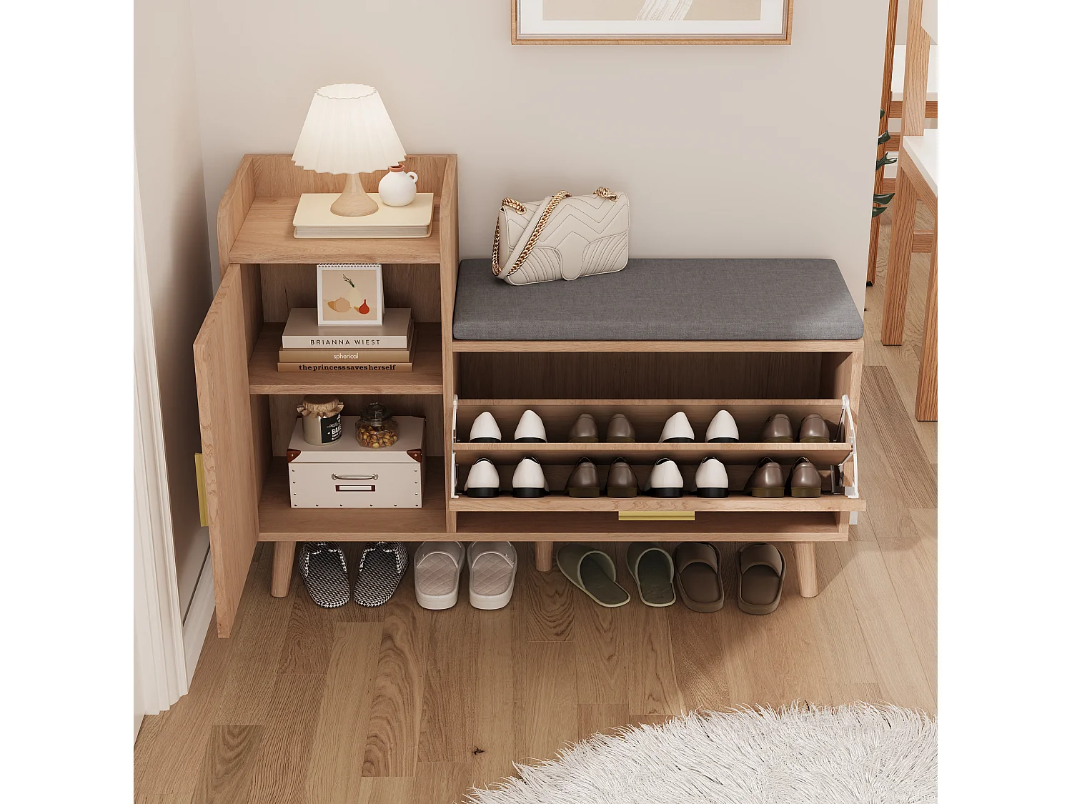 Meuble à chaussures avec étagères, siège et tiroirs, couleur bois naturel (100 x 30 x 69.5 cm)