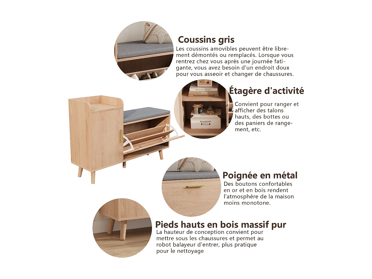 Meuble à chaussures avec étagères, siège et tiroirs, couleur bois naturel (100 x 30 x 69.5 cm)