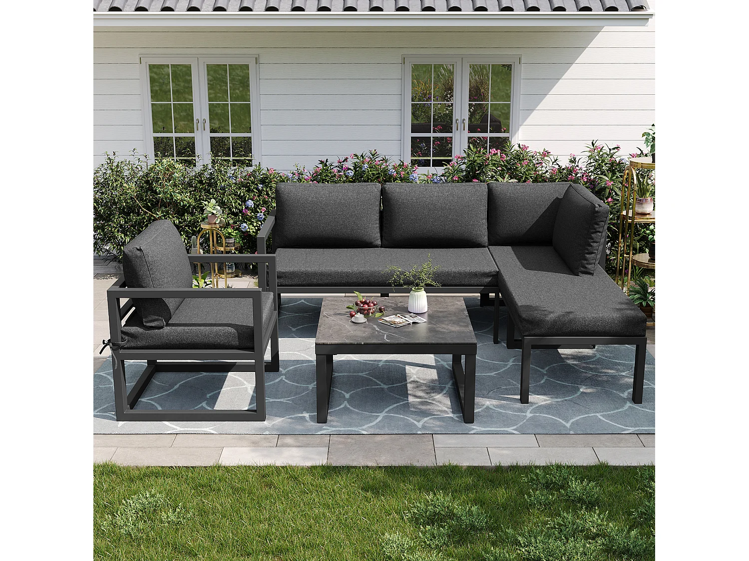 Salon de jardin avec canapé deux places, fauteuil et table basse - avec coussins et dossiers - gris