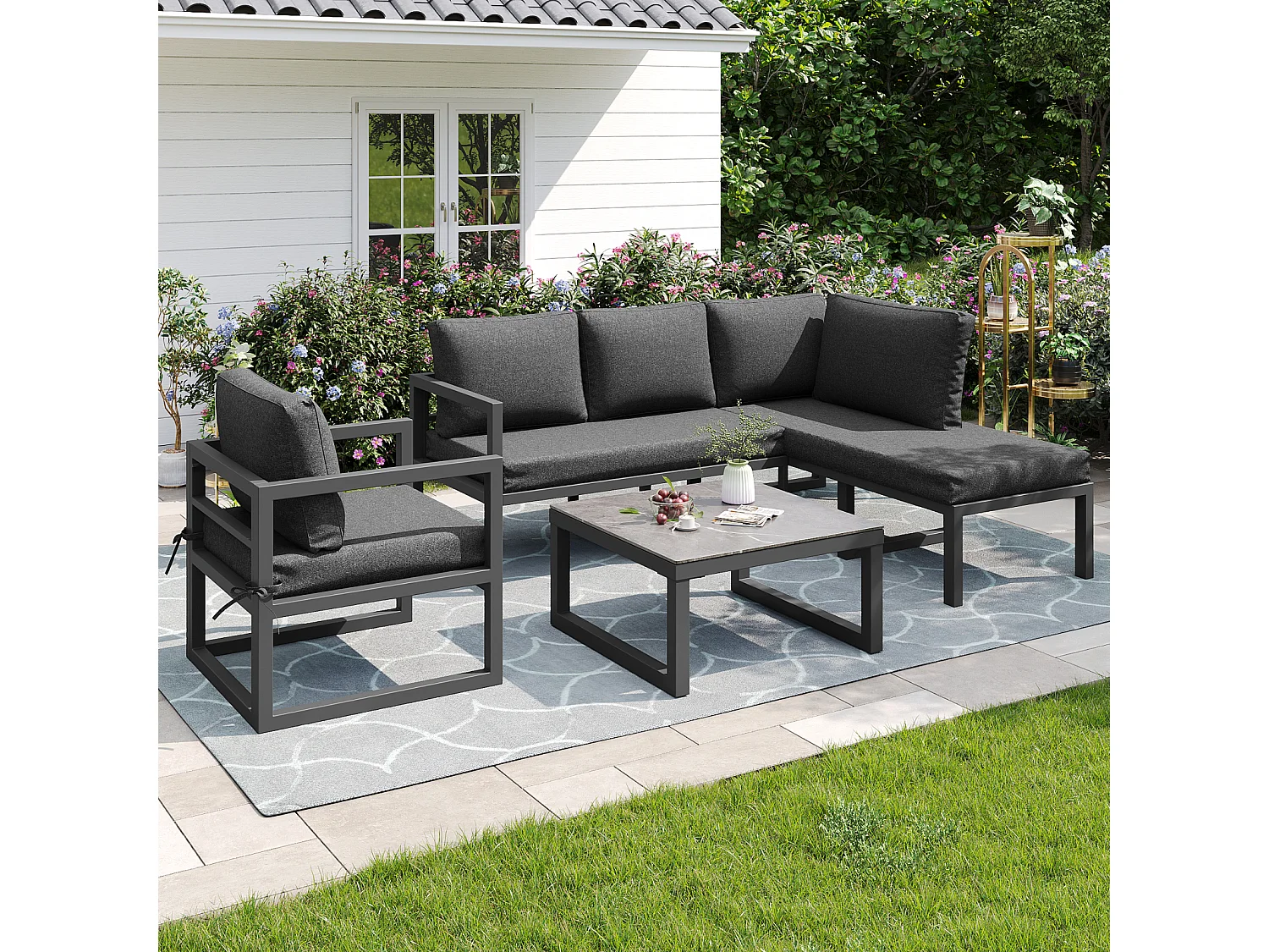 Salon de jardin avec canapé deux places, fauteuil et table basse - avec coussins et dossiers - gris