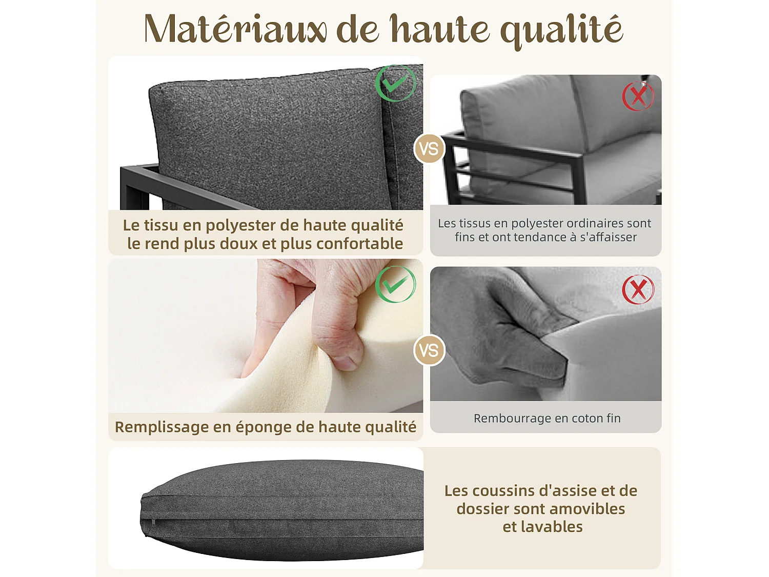 Salon de jardin avec canapé deux places, fauteuil et table basse - avec coussins et dossiers - gris