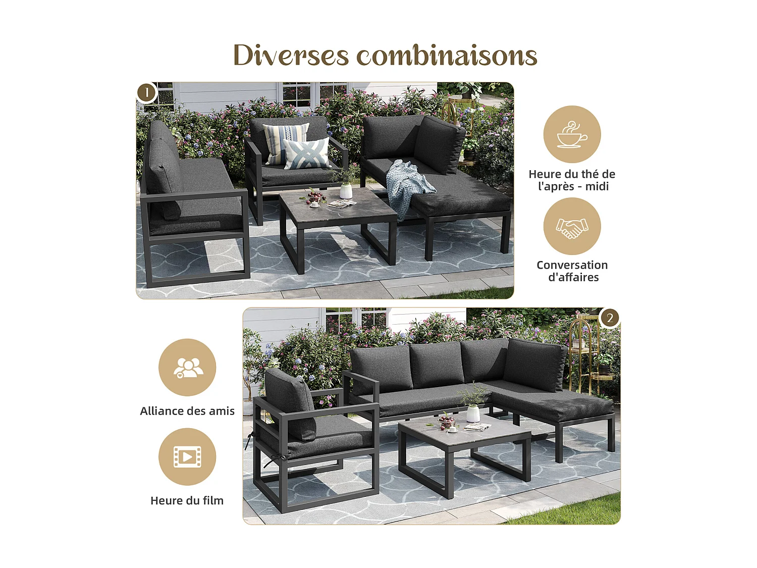 Salon de jardin avec canapé deux places, fauteuil et table basse - avec coussins et dossiers - gris