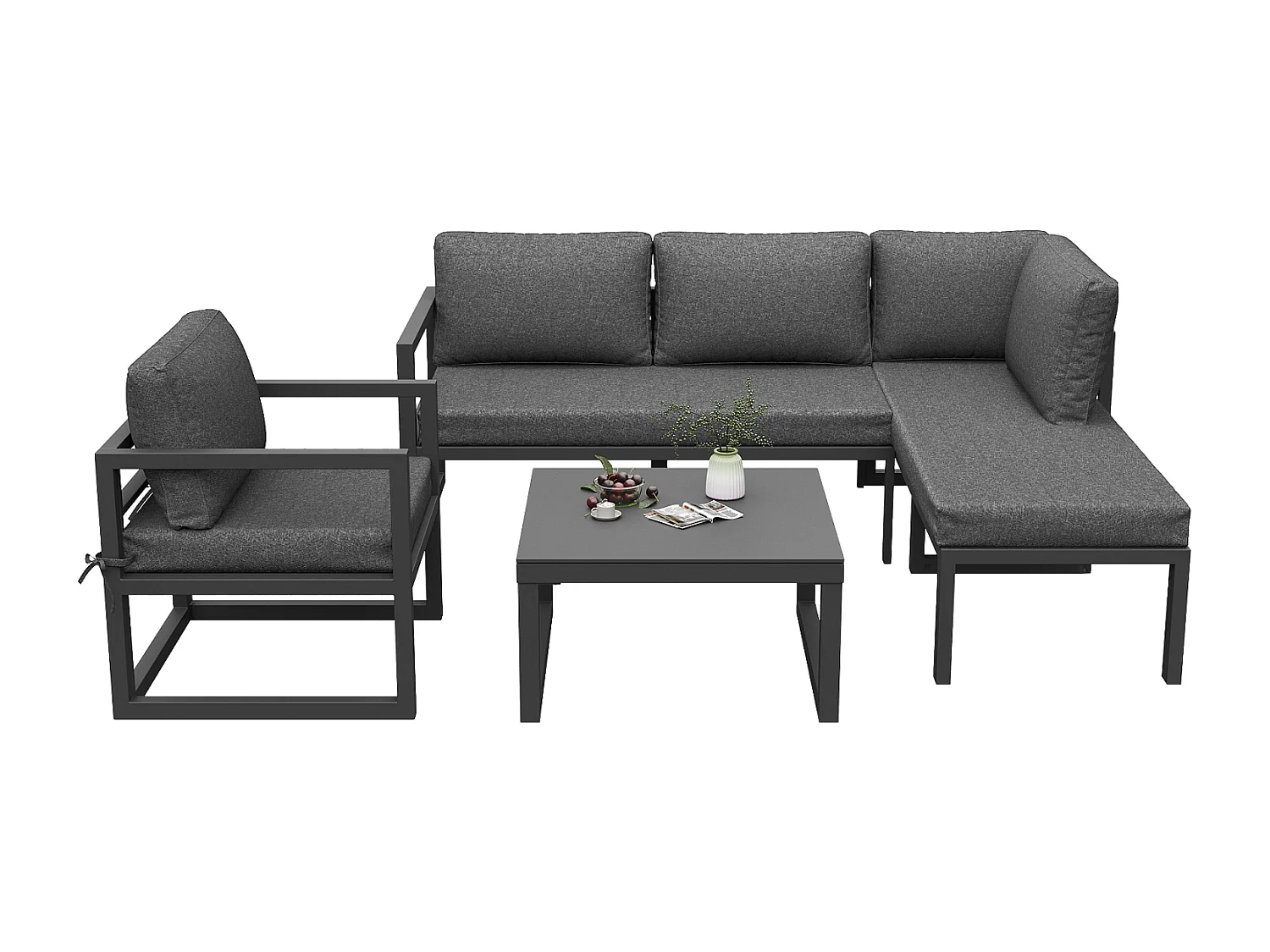 Salon de jardin avec canapé deux places, fauteuil et table basse - avec coussins et dossiers - gris