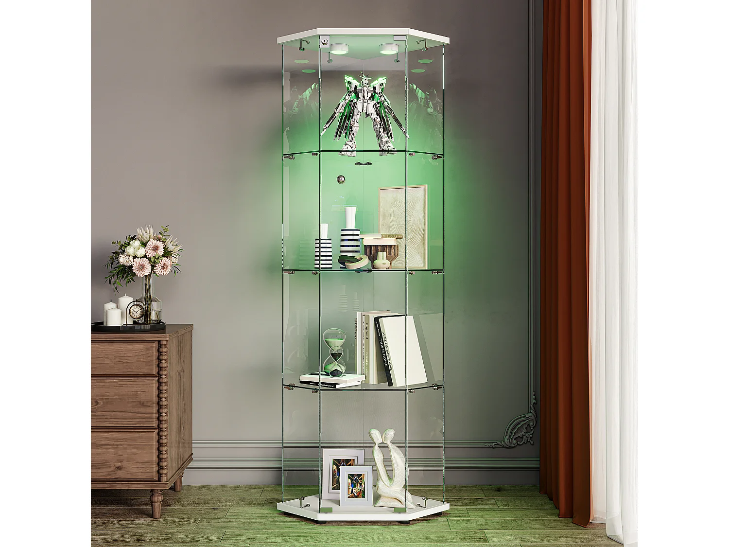 Vitrine d'angle en verre avec éclairage LED et 4 étagères - porte simple - avec serrure - blanc