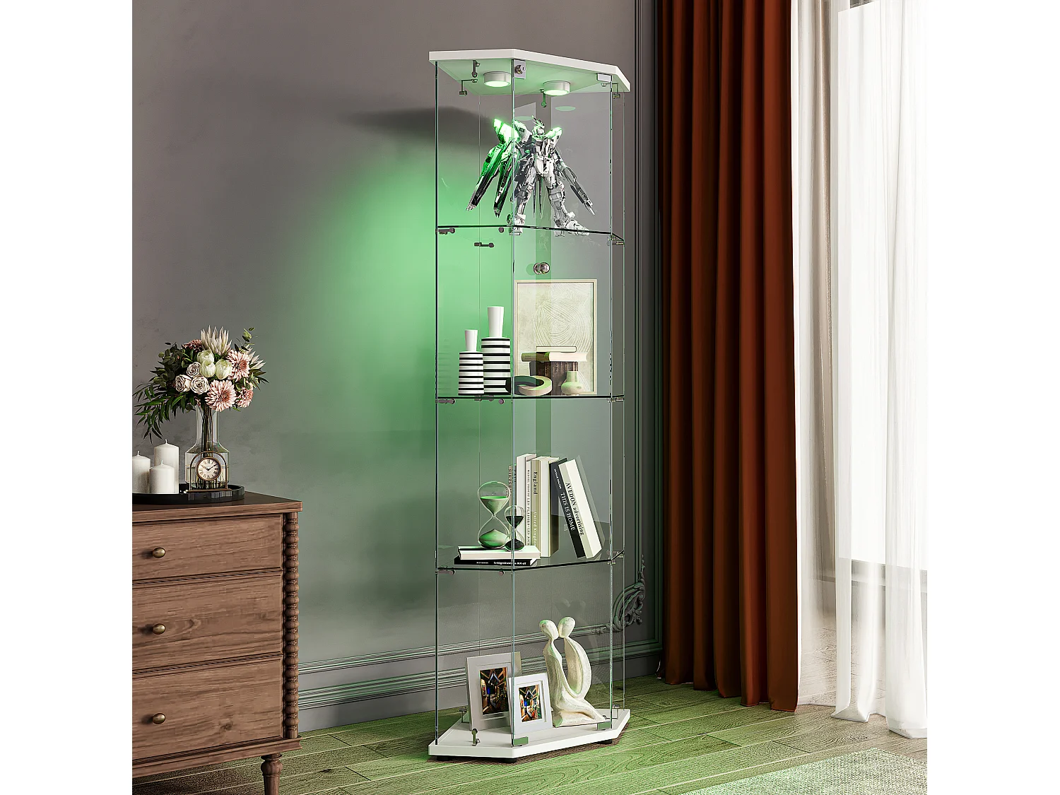 Vitrine d'angle en verre avec éclairage LED et 4 étagères - porte simple - avec serrure - blanc