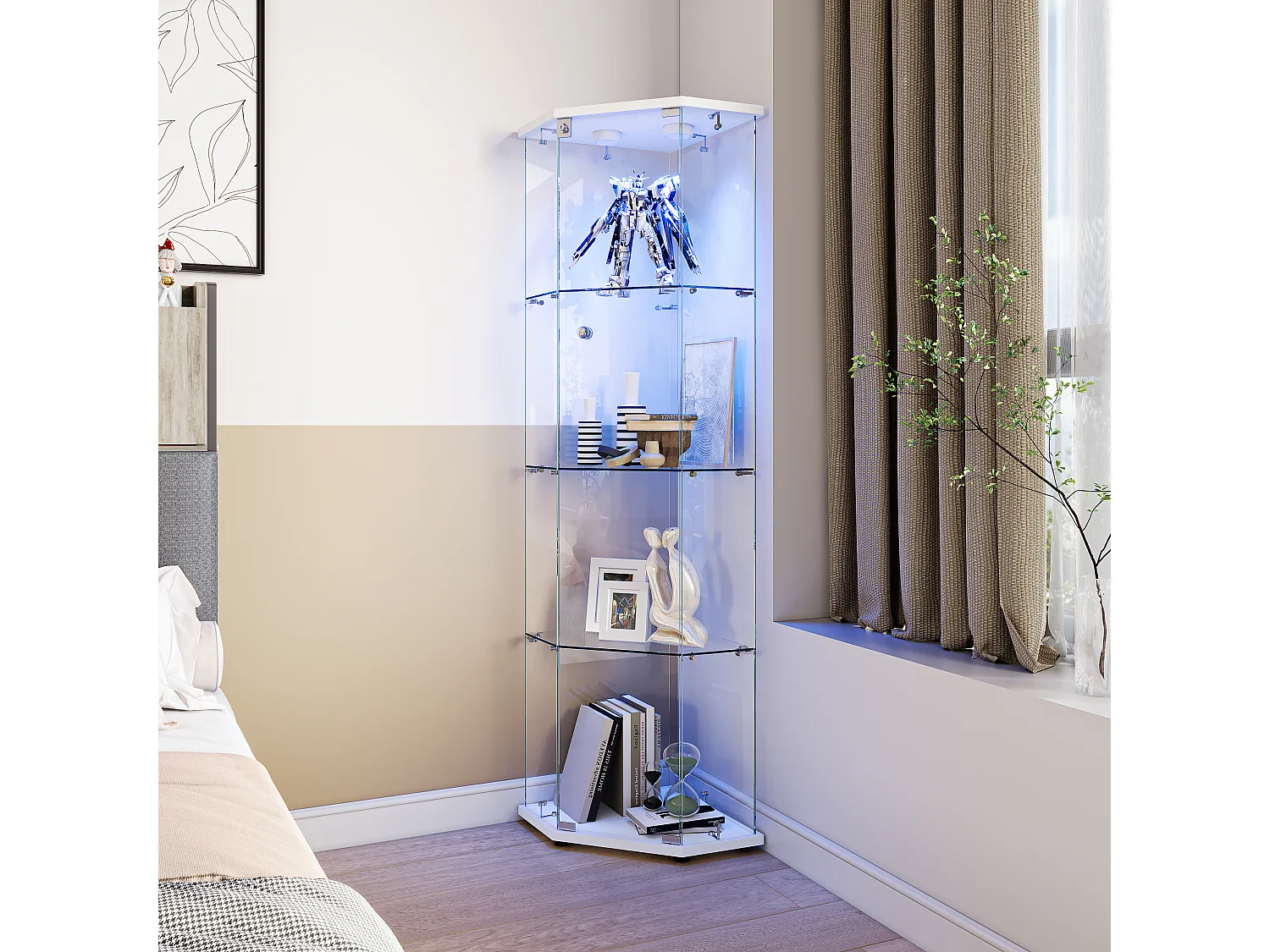 Vitrine d'angle en verre avec éclairage LED et 4 étagères - porte simple - avec serrure - blanc