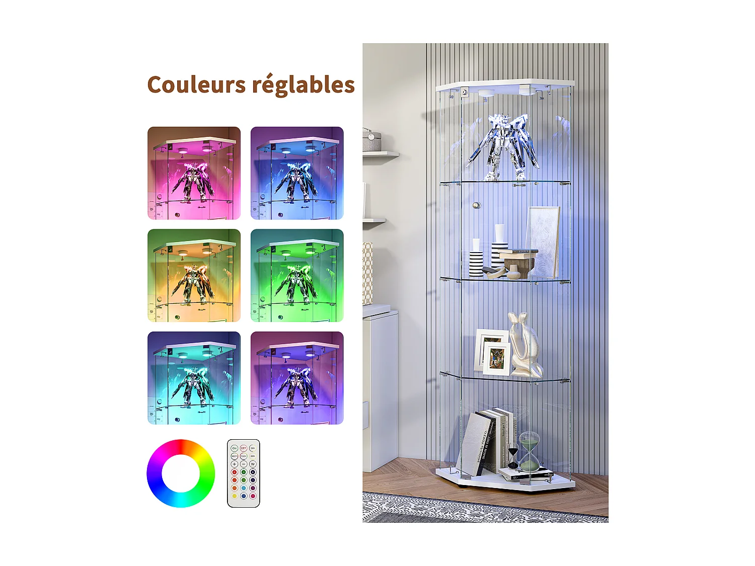 Vitrine d'angle en verre avec éclairage LED et 4 étagères - porte simple - avec serrure - blanc