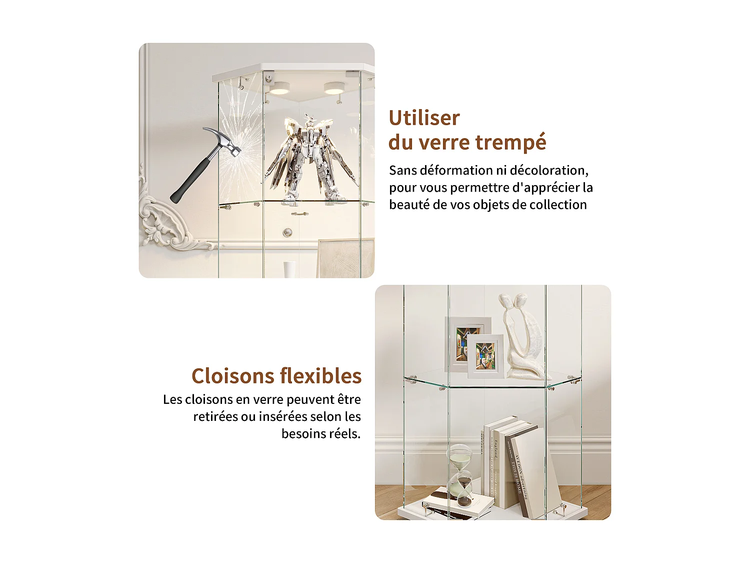 Vitrine d'angle en verre avec éclairage LED et 4 étagères - porte simple - avec serrure - blanc