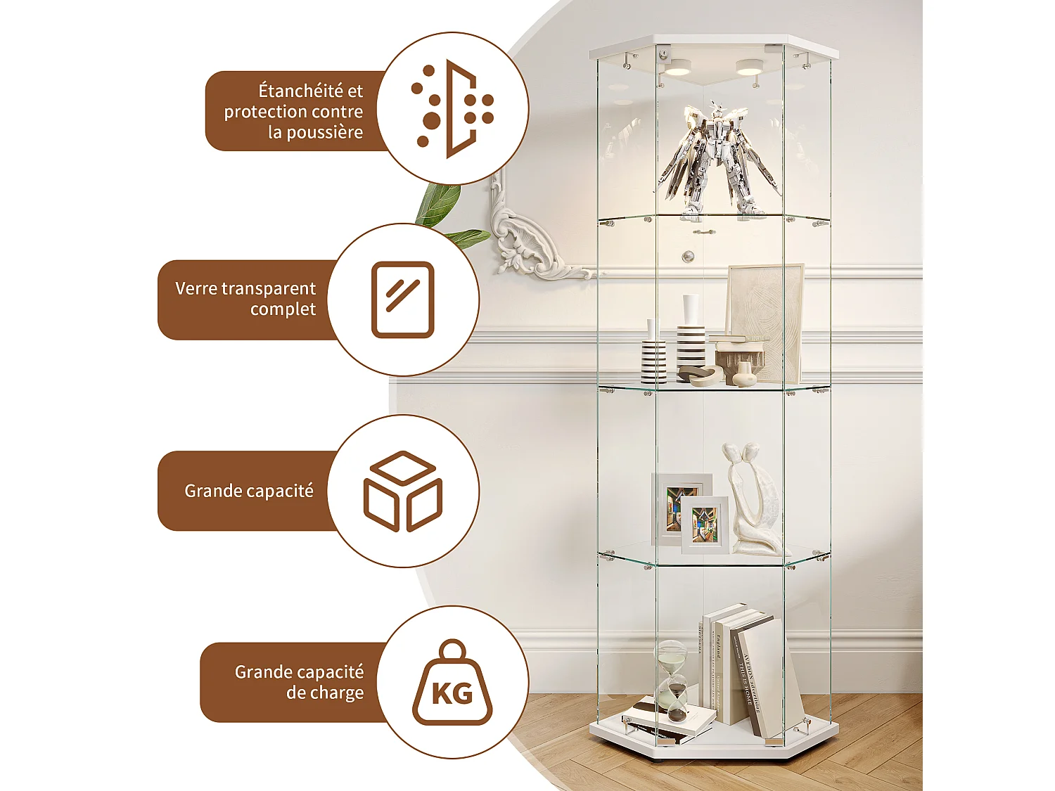 Vitrine d'angle en verre avec éclairage LED et 4 étagères - porte simple - avec serrure - blanc