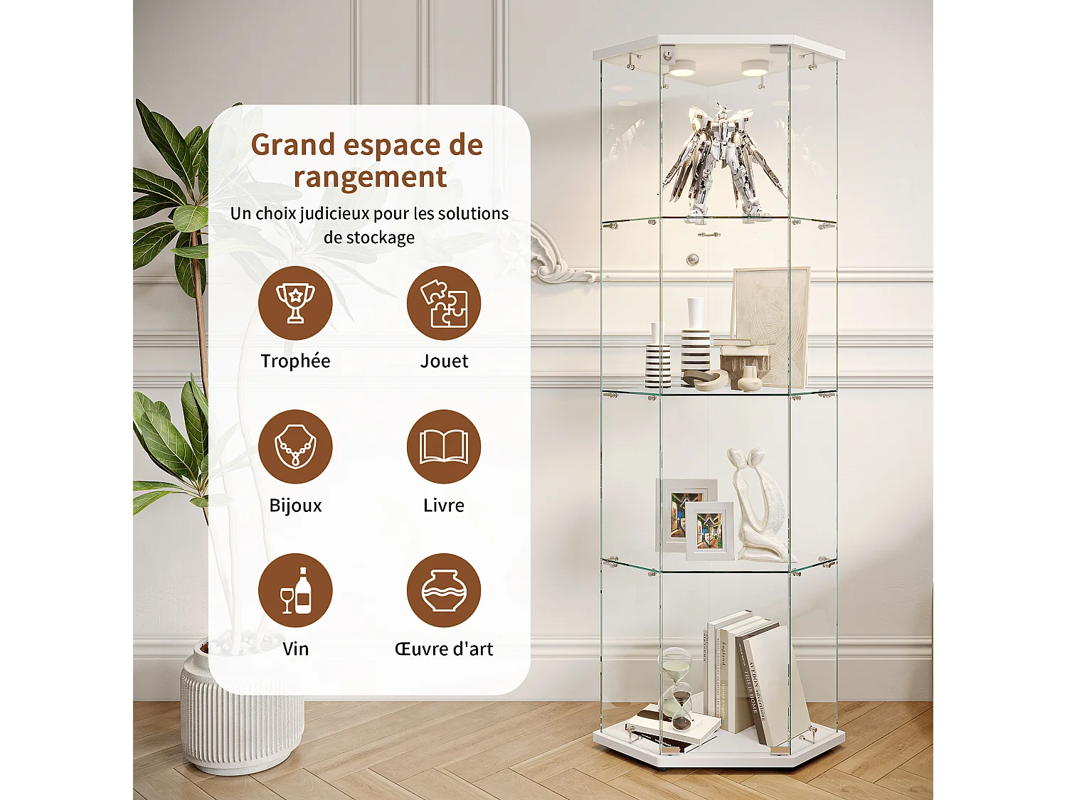 Vitrine d'angle en verre avec éclairage LED et 4 étagères - porte simple - avec serrure - blanc