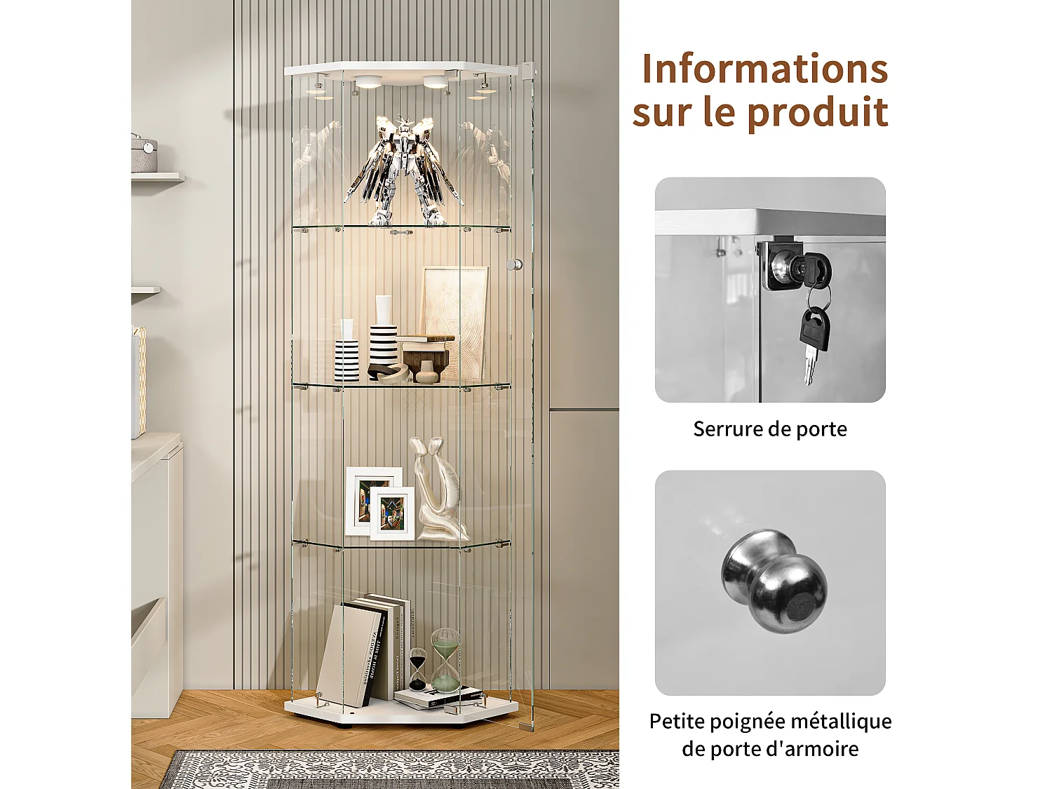 Vitrine d'angle en verre avec éclairage LED et 4 étagères - porte simple - avec serrure - blanc