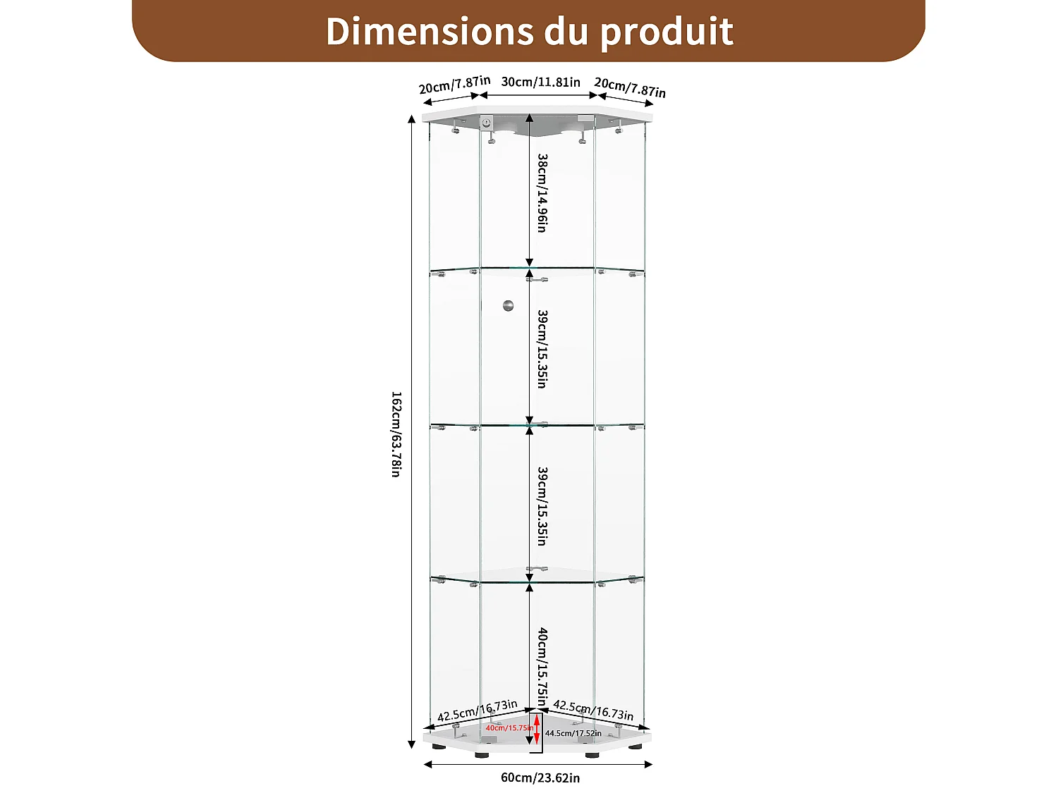 Vitrine d'angle en verre avec éclairage LED et 4 étagères - porte simple - avec serrure - blanc