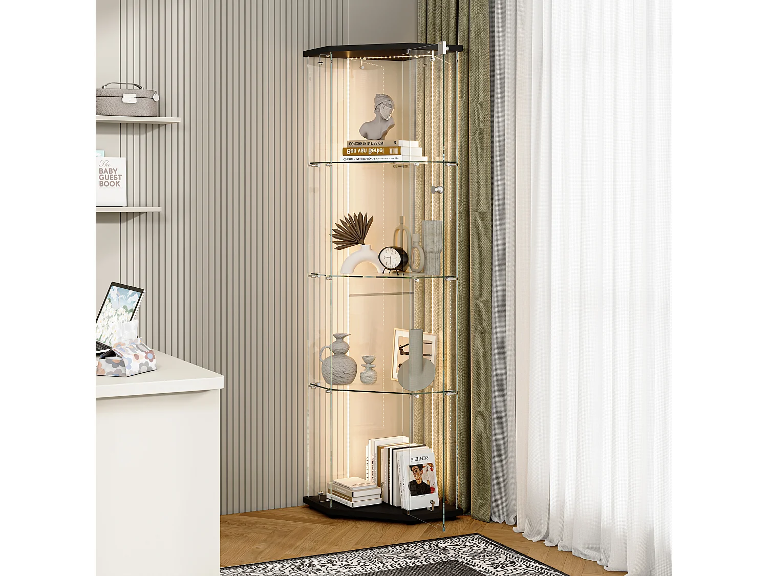 Vitrine d'angle en verre avec éclairage LED et serrure - porte simple - 4 étagères - noir
