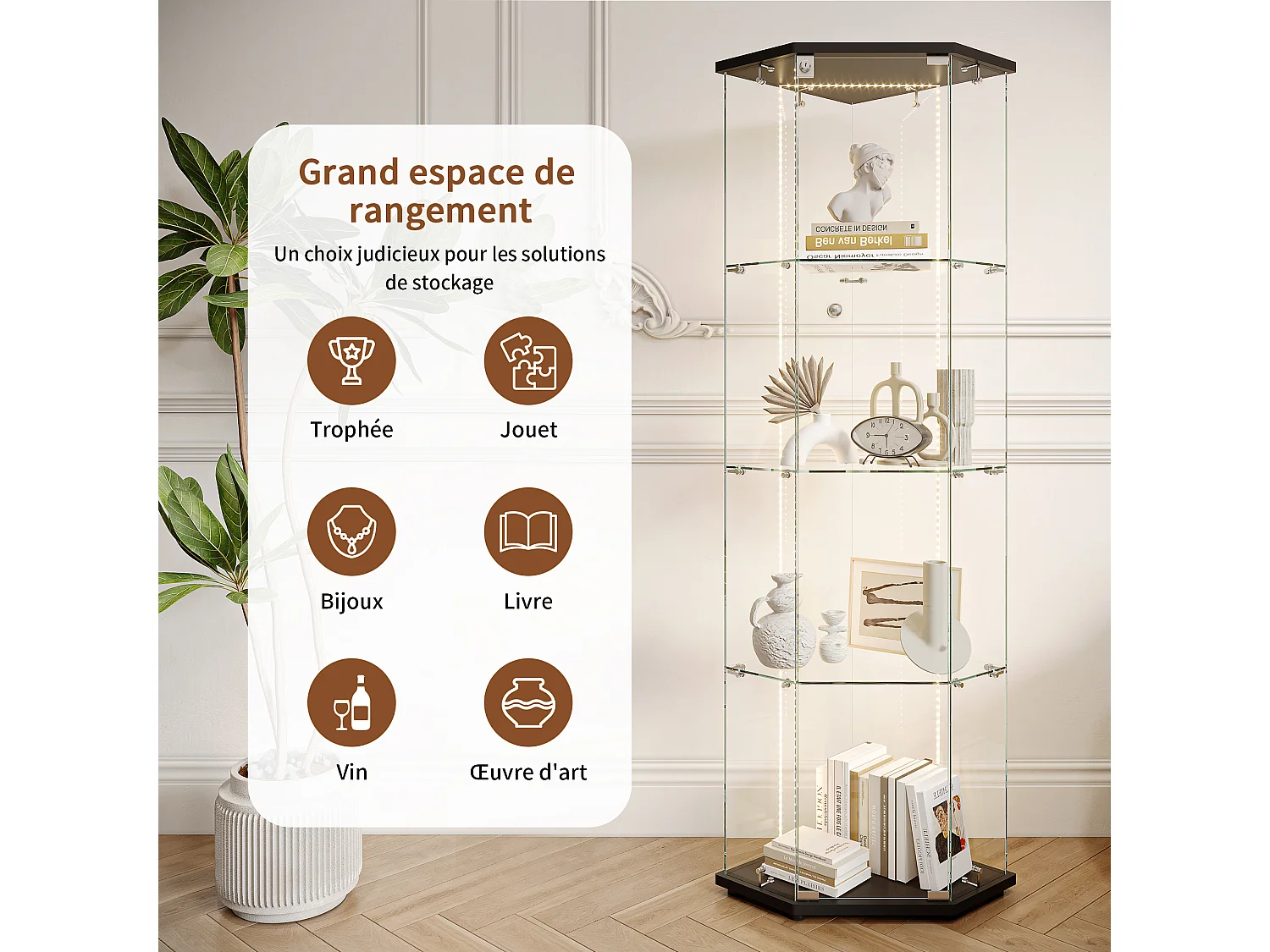 Vitrine d'angle en verre avec éclairage LED et serrure - porte simple - 4 étagères - noir