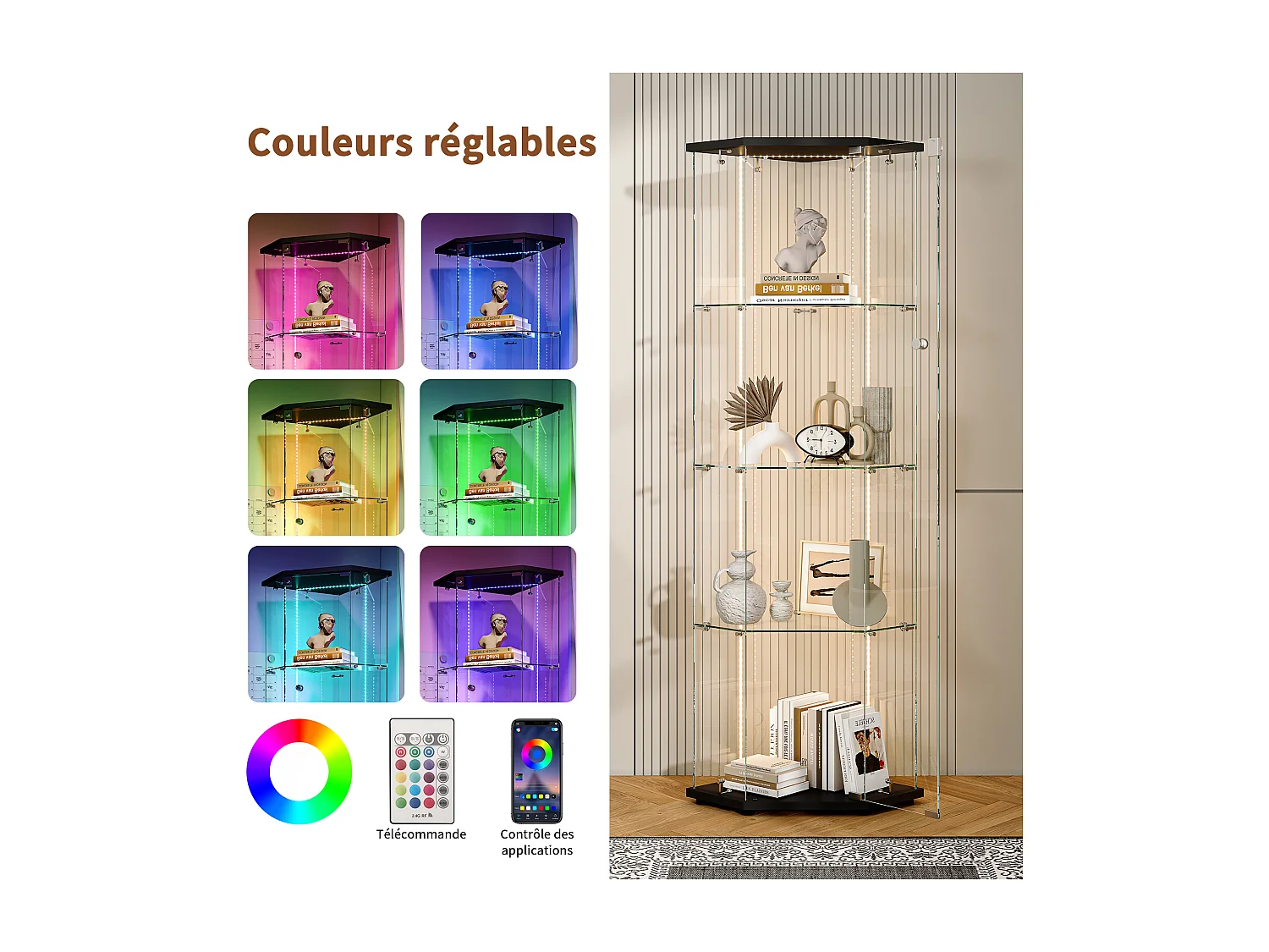Vitrine d'angle en verre avec éclairage LED et serrure - porte simple - 4 étagères - noir