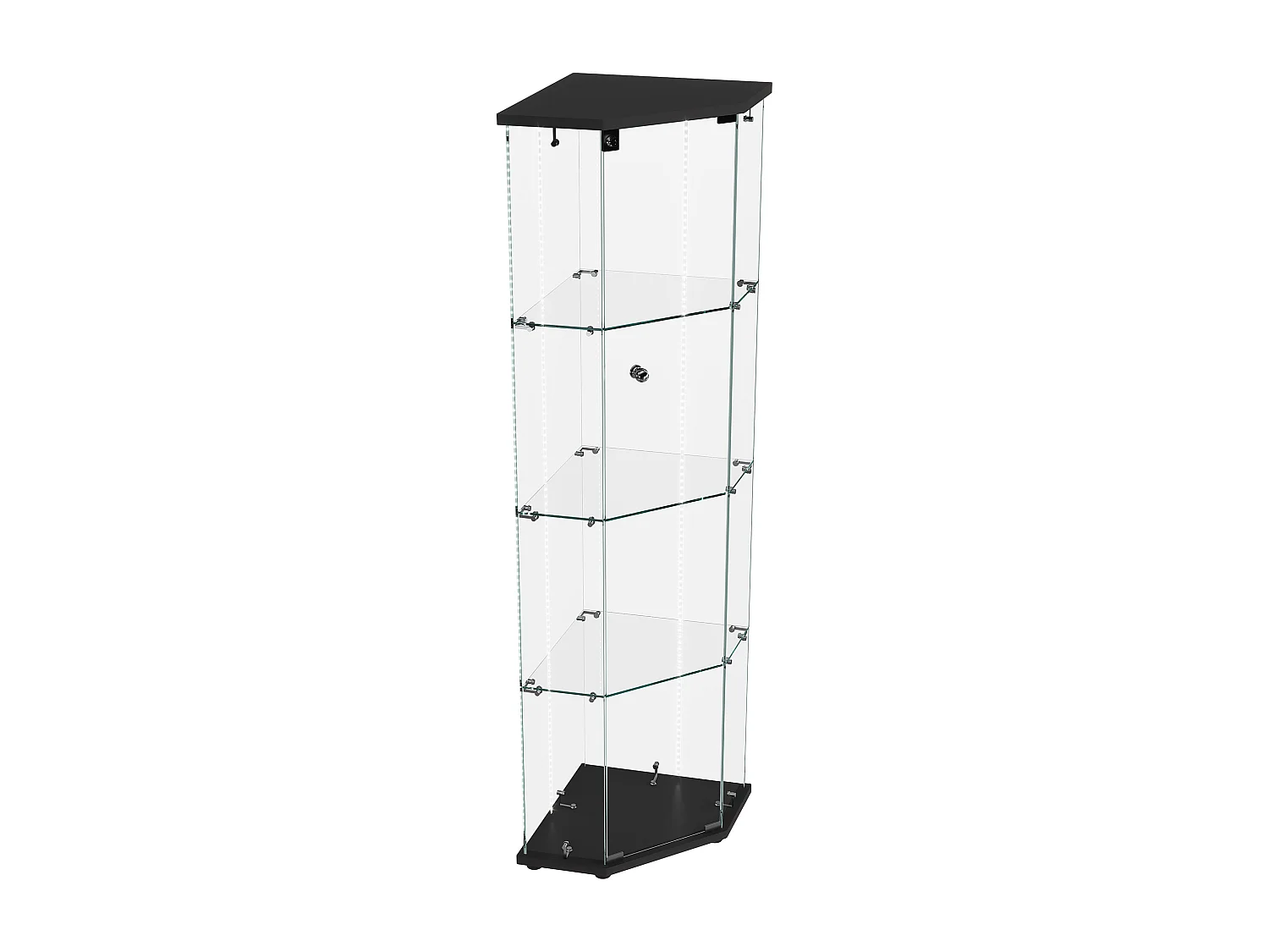 Vitrine d'angle en verre avec éclairage LED et serrure - porte simple - 4 étagères - noir