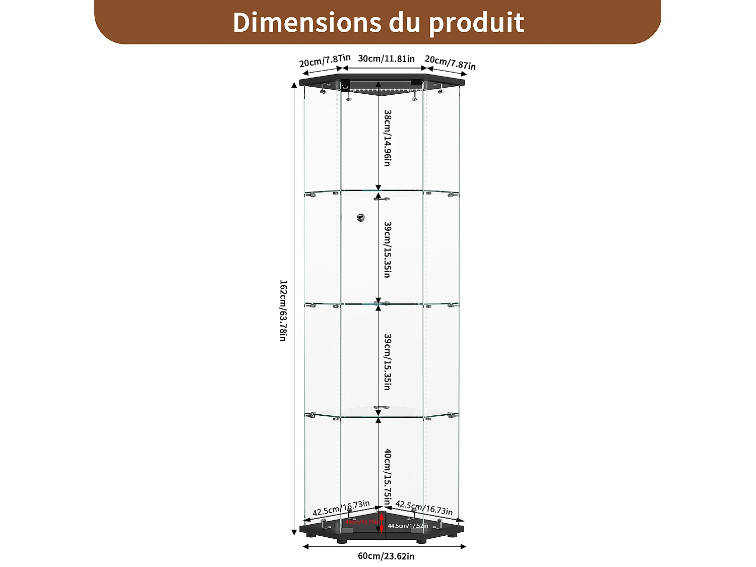 Vitrine d'angle en verre avec éclairage LED et serrure - porte simple - 4 étagères - noir