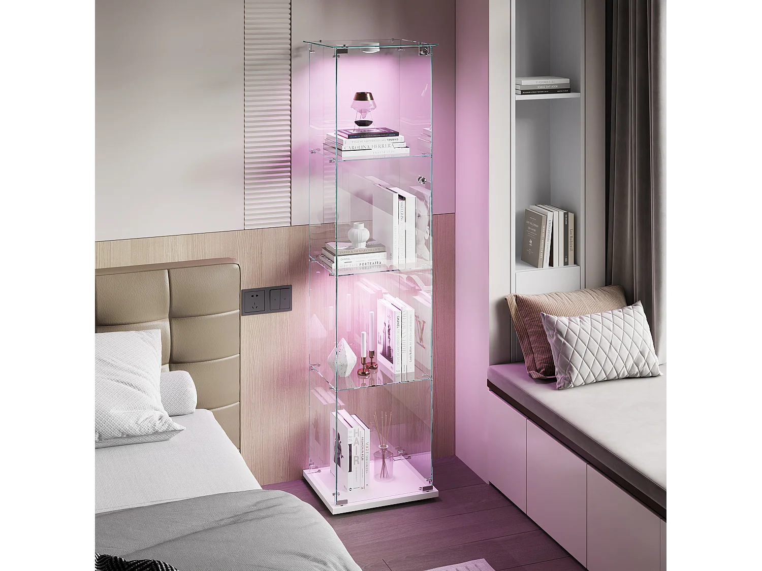 Vitrine en verre à 4 étagères avec éclairage tactile - 163 x 39.8 x 35 cm - Vitrine étroite - Blanc