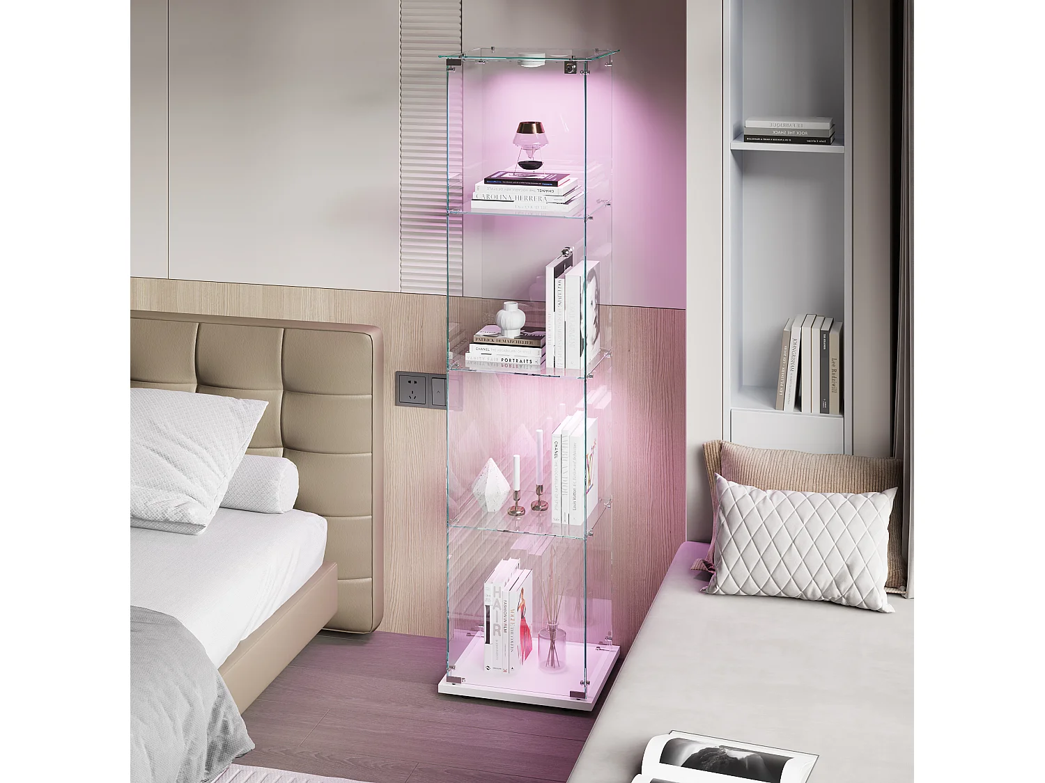 Vitrine en verre à 4 étagères avec éclairage tactile - 163 x 39.8 x 35 cm - Vitrine étroite - Blanc