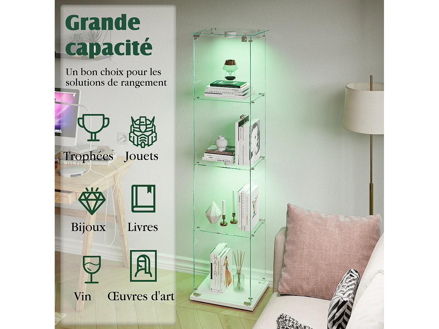 Vitrine en verre à 4 étagères avec éclairage tactile - 163 x 39.8 x 35 cm - Vitrine étroite - Blanc