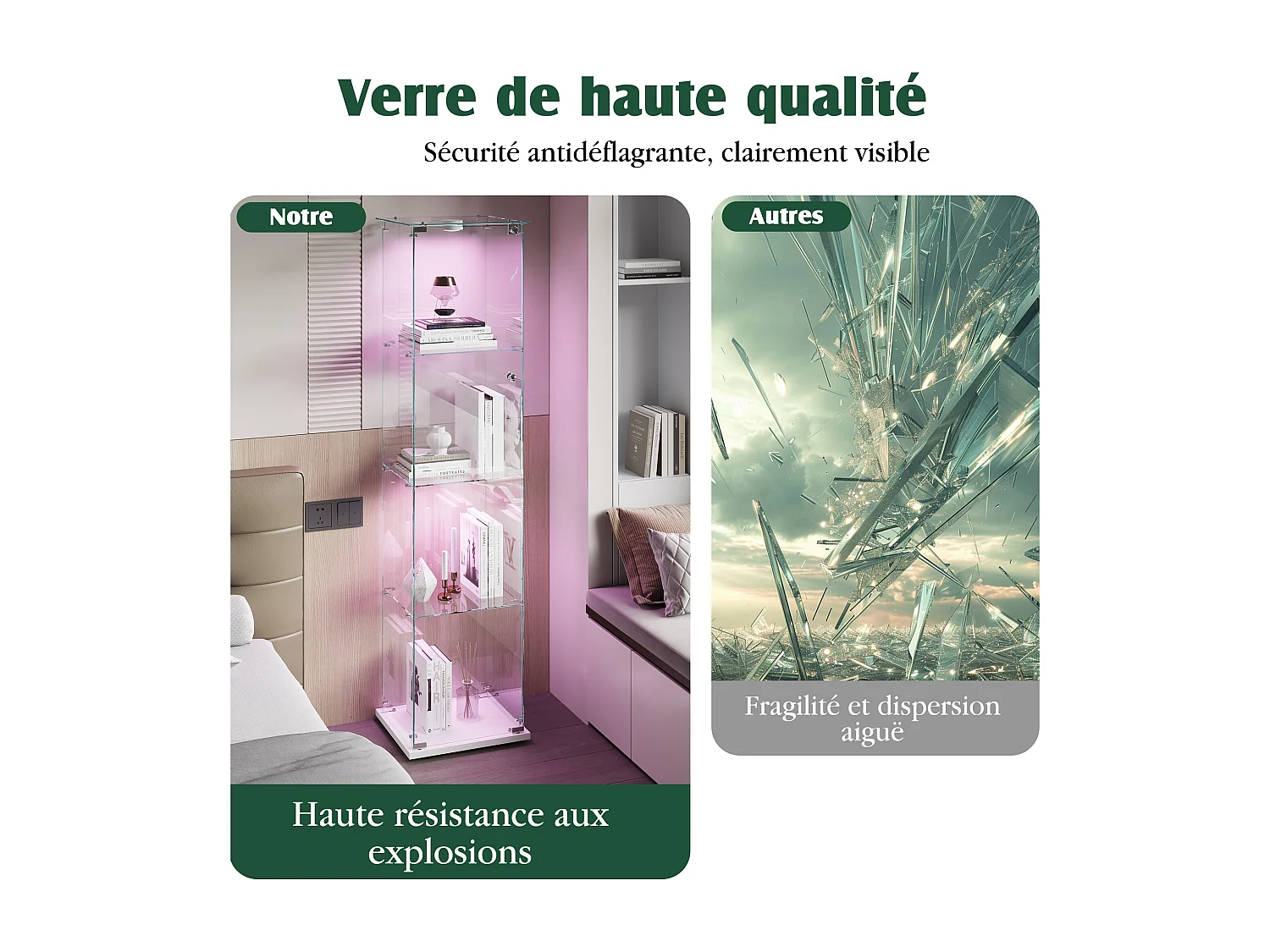 Vitrine en verre à 4 étagères avec éclairage tactile - 163 x 39.8 x 35 cm - Vitrine étroite - Blanc