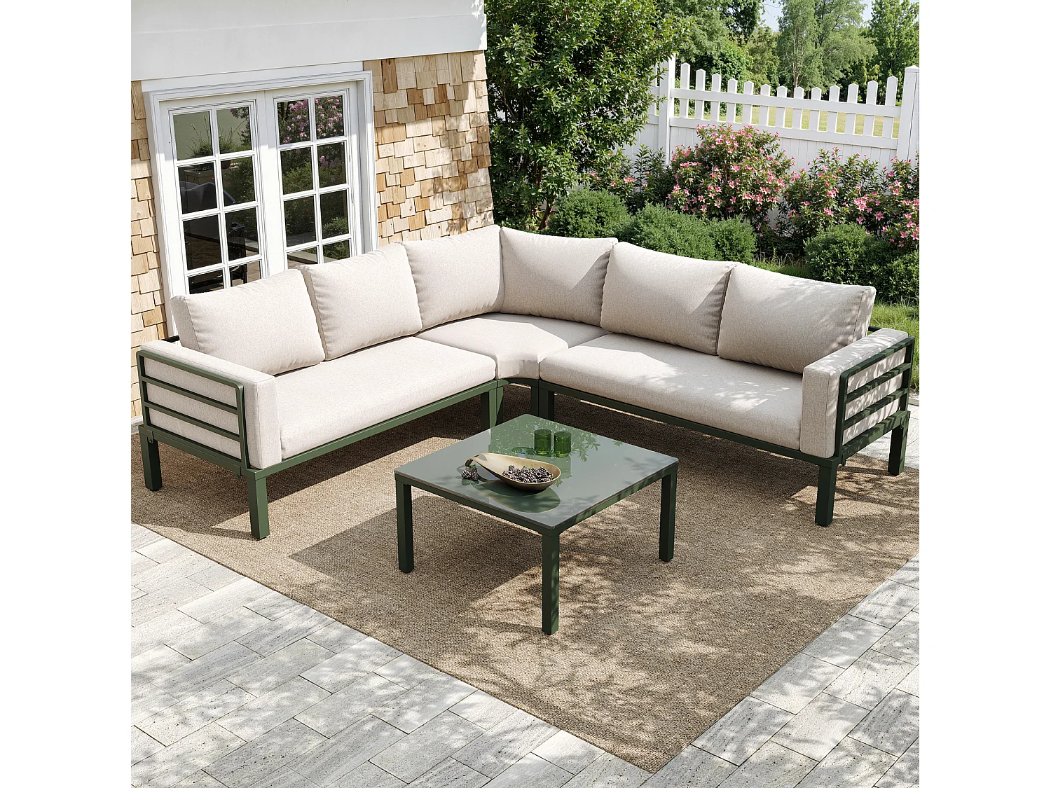 Salon de jardin avec 2 causeuses, 1 canapé d'angle et 1 table basse - avec coussins et dossiers - beige